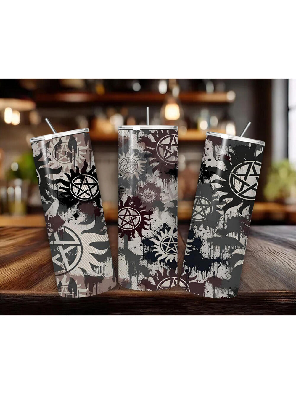 20 oz Supernatural Stainless Steel Tumbler with Lid, Straw - Star